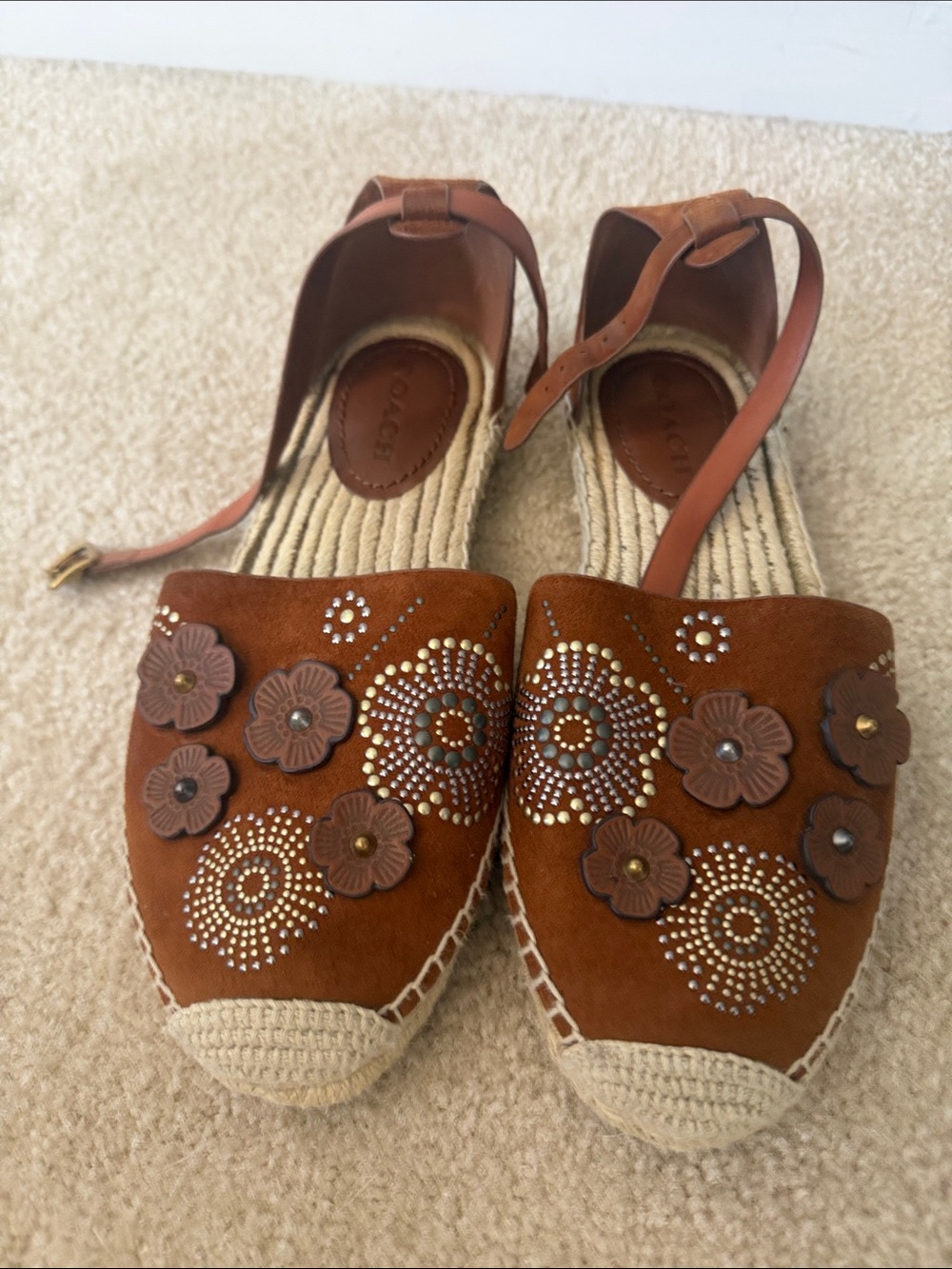 COACH Leather Floral Espadrille Flats in Brown - Women's sz US 9B